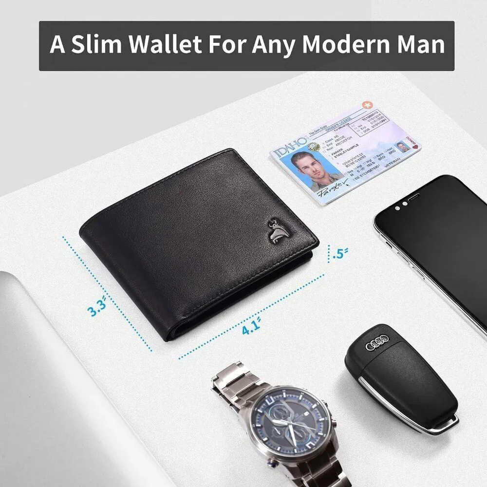 Men's Black Front Zipper Coin Pocket Genuine Leather Bifold Wallet Card Stylish